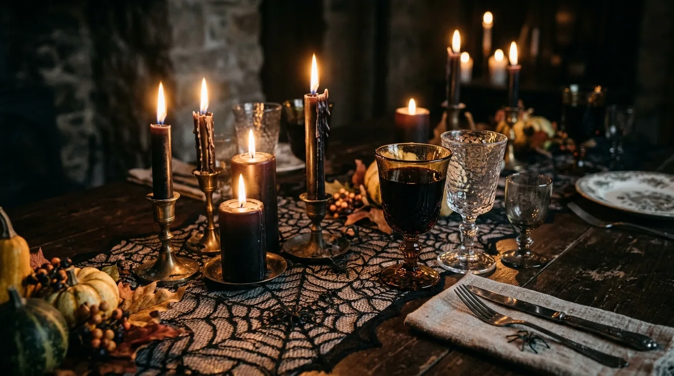 Layer in metallic accents for a dressed-up finish inspiration for a Halloween dining table.